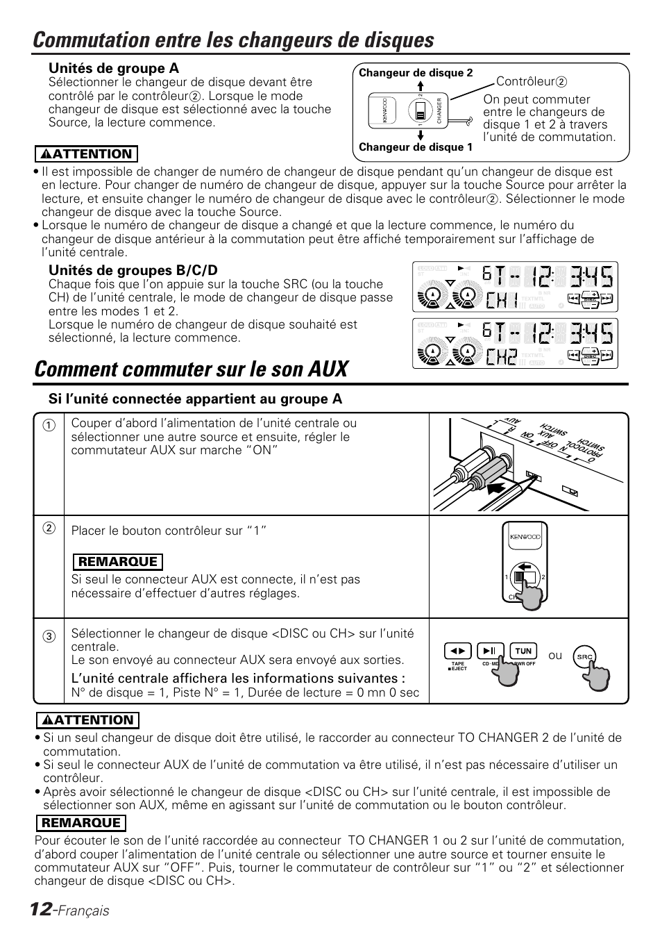 Commutation entre les changeurs de disques, Comment commuter sur le son aux, Français | Unités de groupe a, Unités de groupes b/c/d, Si l’unité connectée appartient au groupe a | Kenwood KCA-S210A User Manual | Page 12 / 44