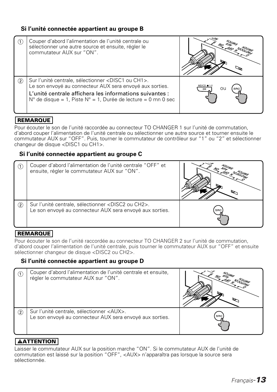 Français, Si l’unité connectée appartient au groupe c 1, 2si l’unité connectée appartient au groupe b | Si l’unité connectée appartient au groupe d | Kenwood KCA-S210A User Manual | Page 13 / 44