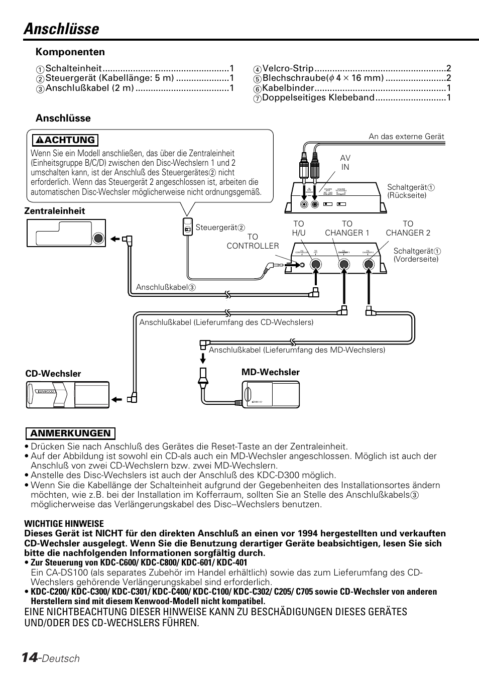Deutsch, Anschlusse, Anschlüsse | Komponenten, Zentraleinheit | Kenwood KCA-S210A User Manual | Page 14 / 44