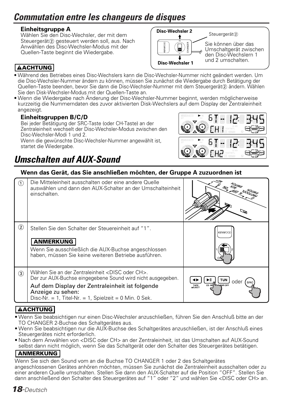 Commutation entre les changeurs de disques, Umschalten auf aux-sound, Deutsch | Einheitsgruppe a, Einheitsgruppen b/c/d | Kenwood KCA-S210A User Manual | Page 18 / 44