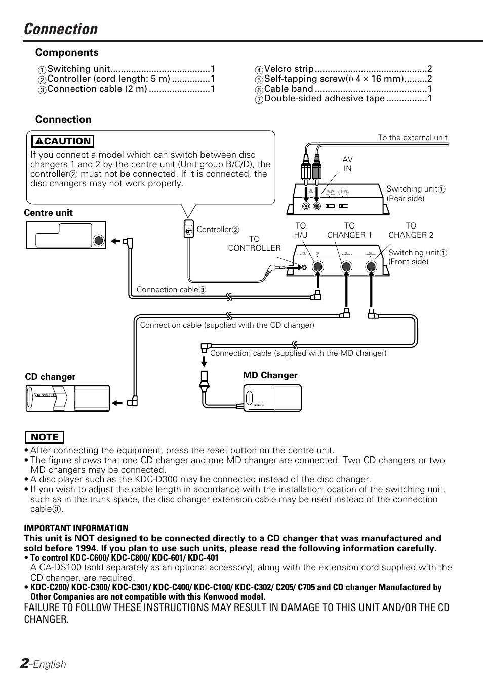 English, Connection, Components | Centre unit, Cd changer md changer | Kenwood KCA-S210A User Manual | Page 2 / 44