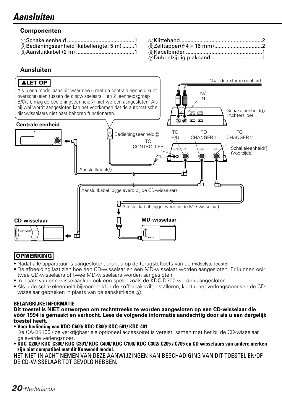 Nederlands, Aansluiten, Componenten | Centrale eenheid | Kenwood KCA-S210A User Manual | Page 20 / 44