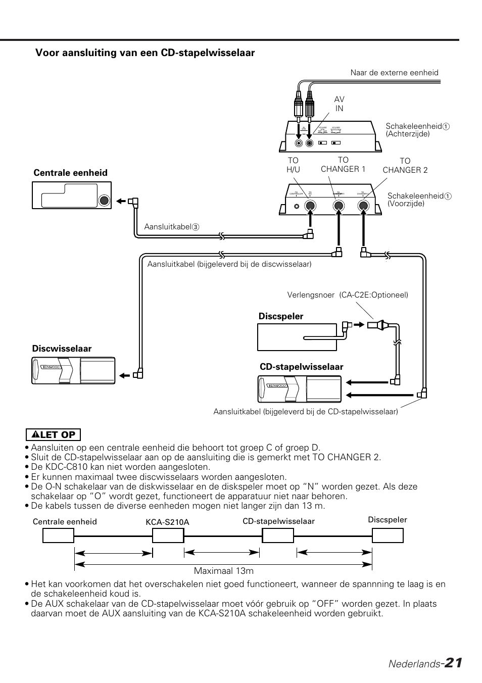 Nederlands, Voor aansluiting van een cd-stapelwisselaar, Discspeler cd-stapelwisselaar | Centrale eenheid discwisselaar, Maximaal 13m | Kenwood KCA-S210A User Manual | Page 21 / 44