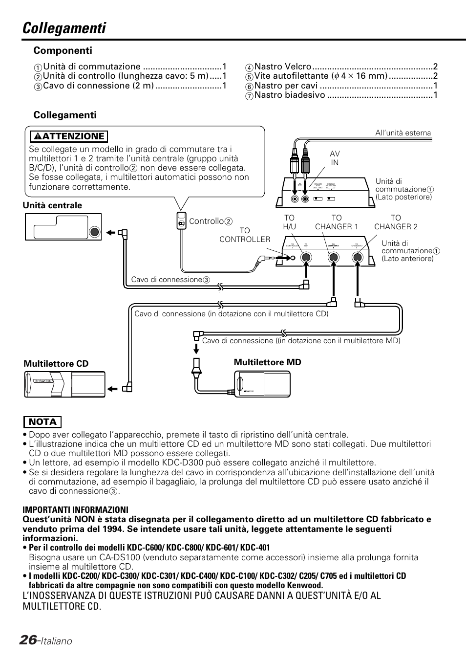 Italiano, Collegamenti, Componenti | Unità centrale, Ontrollo2 | Kenwood KCA-S210A User Manual | Page 26 / 44