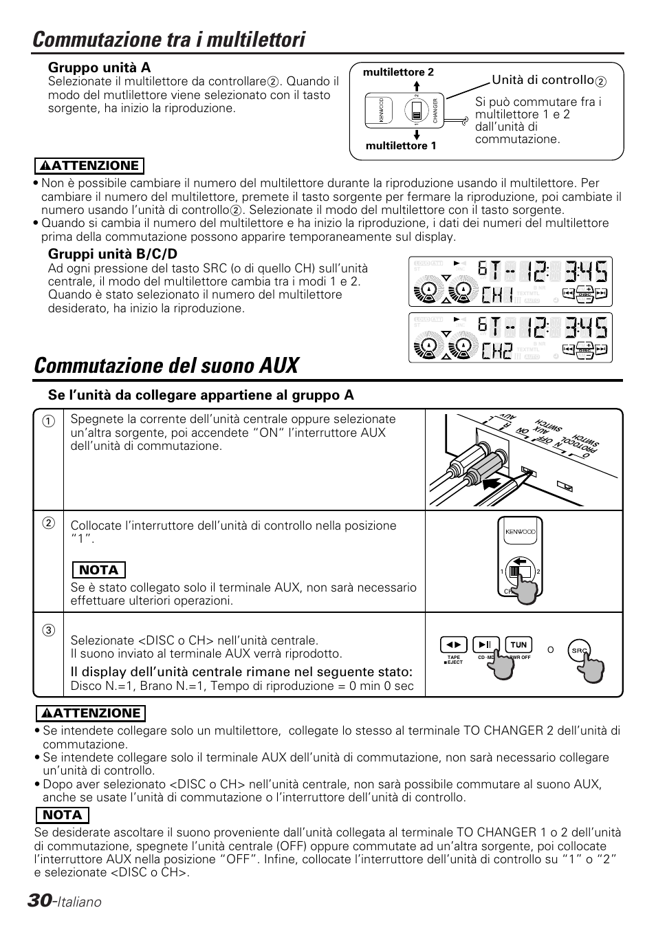 Commutazione tra i multilettori, Commutazione del suono aux, Italiano | Gruppo unità a, Gruppi unità b/c/d, Se l’unità da collegare appartiene al gruppo a | Kenwood KCA-S210A User Manual | Page 30 / 44