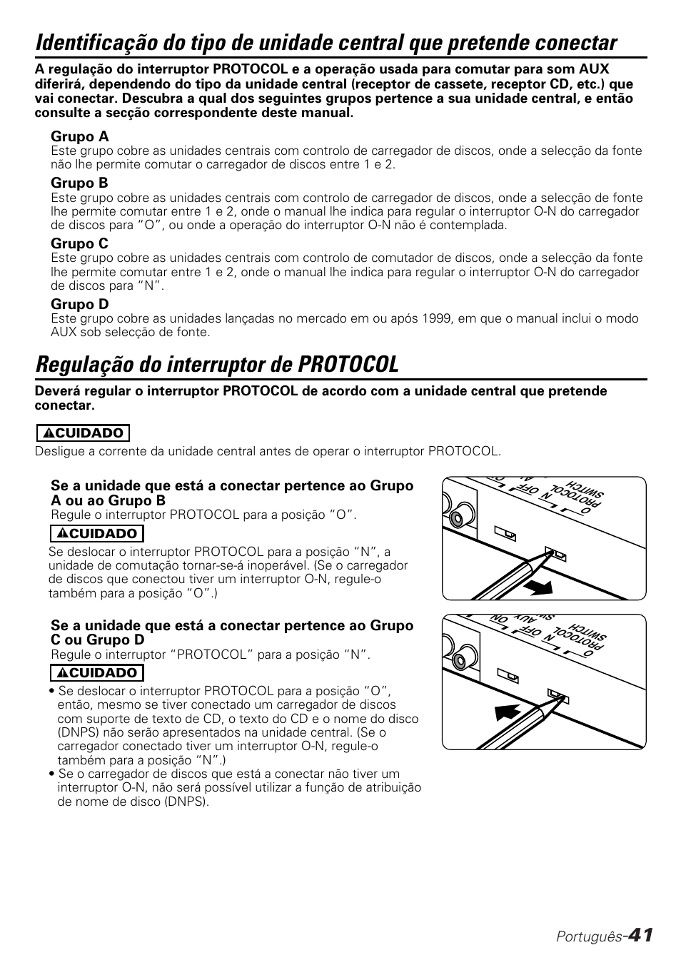 Regulacao do interruptor de protocol, Regulação do interruptor de protocol | Kenwood KCA-S210A User Manual | Page 41 / 44