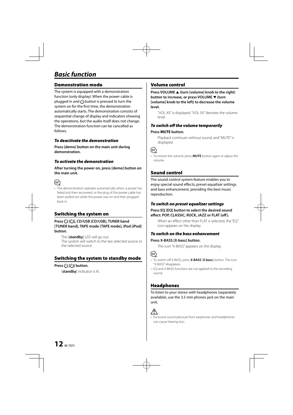 Basic function | Kenwood M-707I User Manual | Page 12 / 24