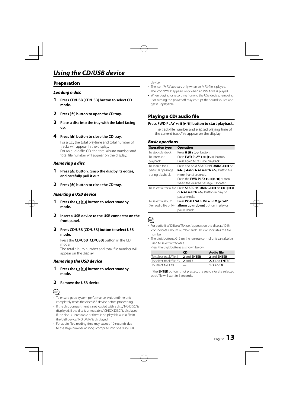 Using the cd/usb device, Preparation, Playing a cd/ audio fi le | Kenwood M-707I User Manual | Page 13 / 24