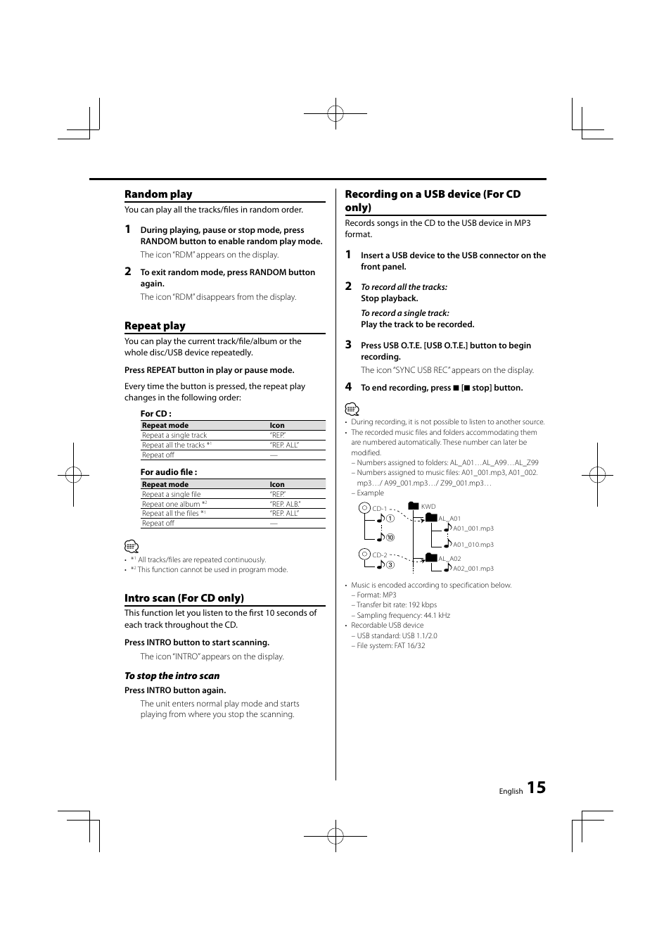 Random play, Repeat play, Intro scan (for cd only) | Recording on a usb device (for cd only) | Kenwood M-707I User Manual | Page 15 / 24