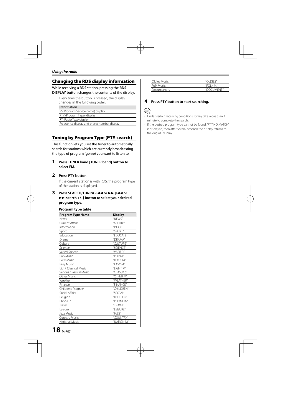 Changing the rds display information, Tuning by program type (pty search) | Kenwood M-707I User Manual | Page 18 / 24