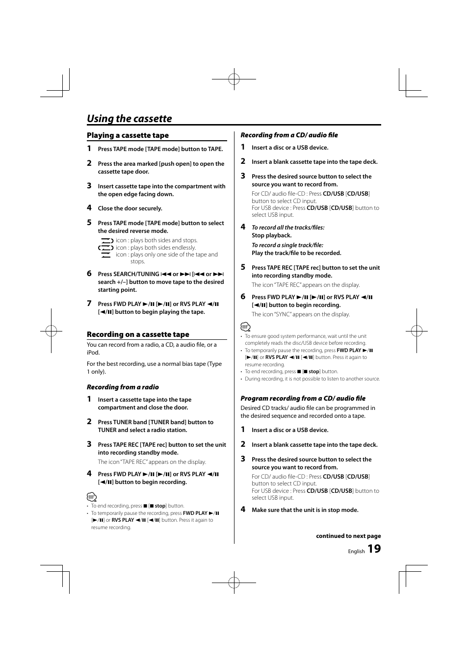 Using the cassette | Kenwood M-707I User Manual | Page 19 / 24