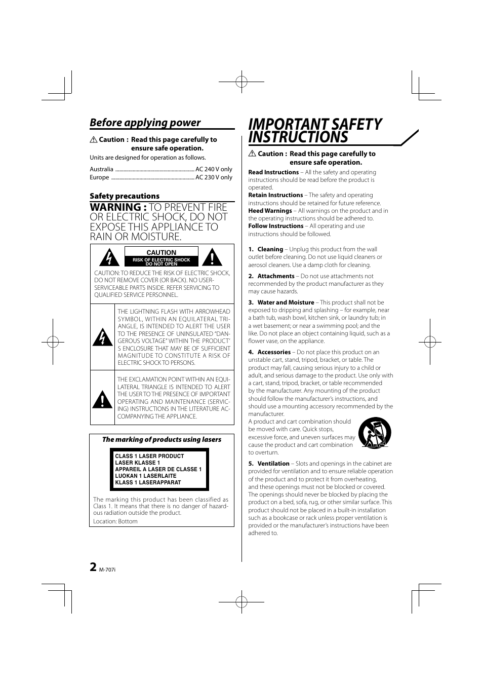 Important safety instructions, Before applying power | Kenwood M-707I User Manual | Page 2 / 24
