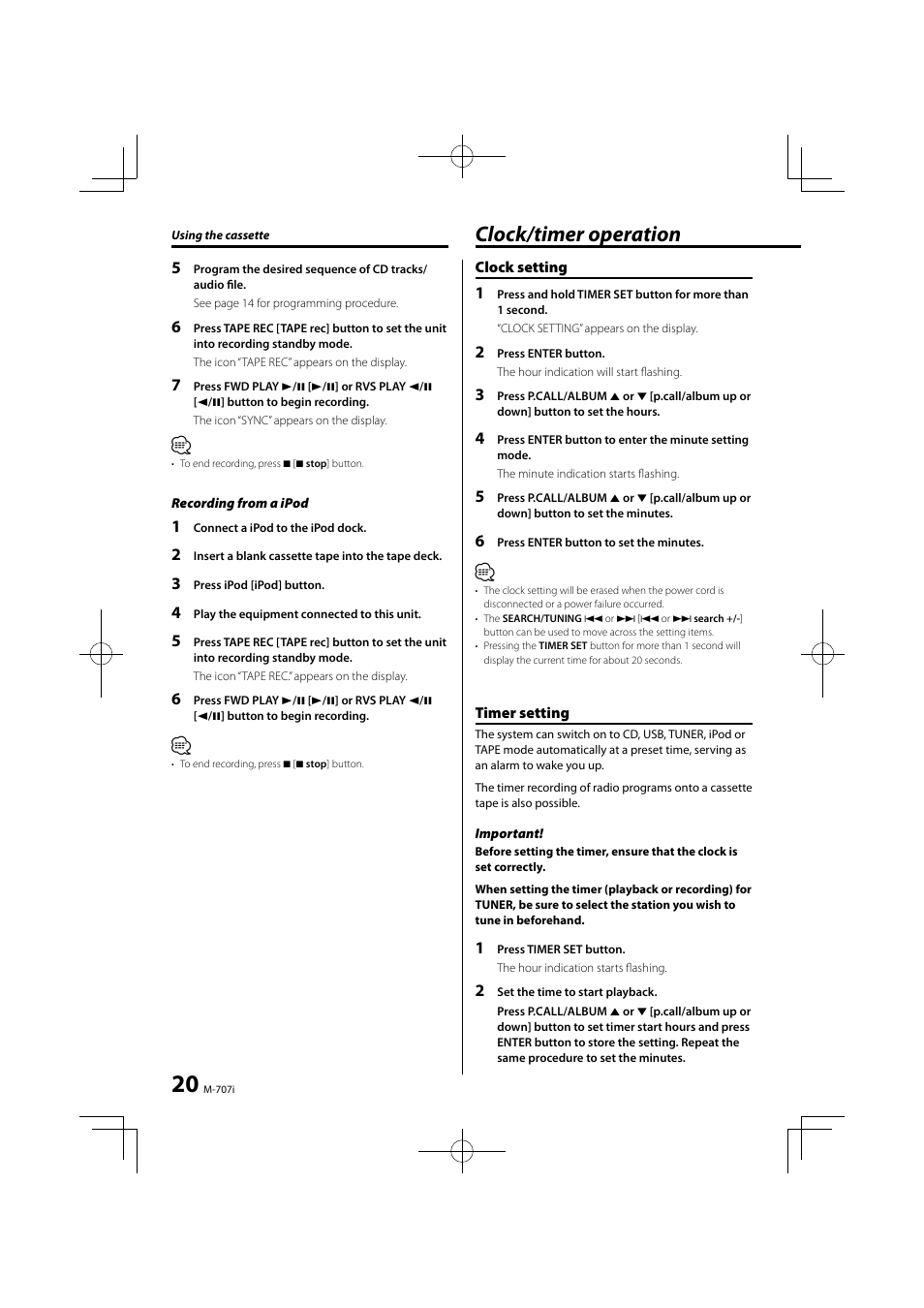 Clock/timer operation | Kenwood M-707I User Manual | Page 20 / 24