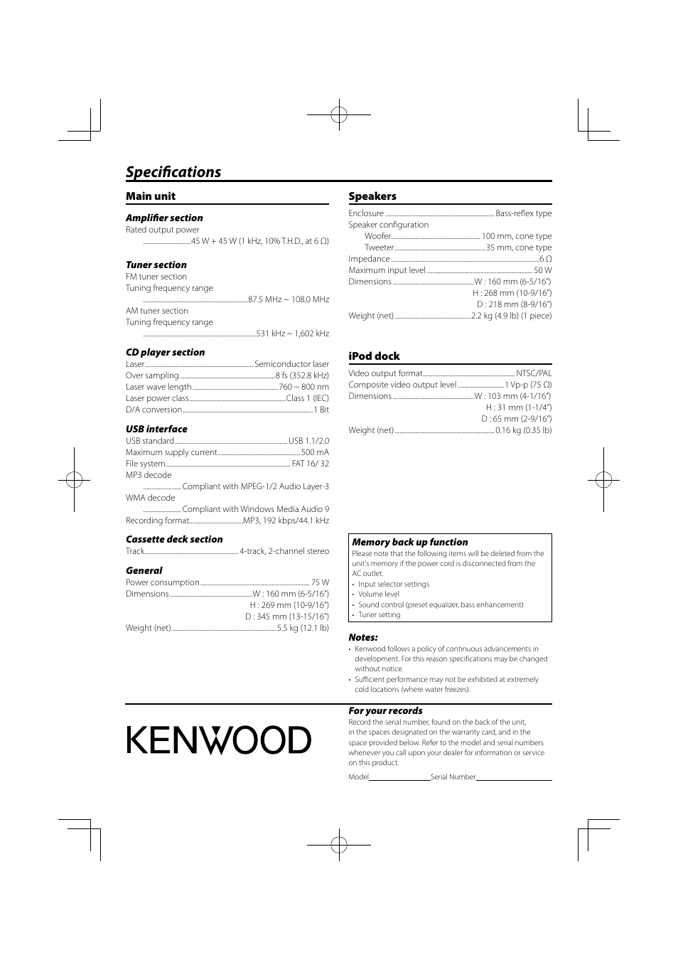 Specifi cations, Main unit, Speakers | Ipod dock | Kenwood M-707I User Manual | Page 24 / 24