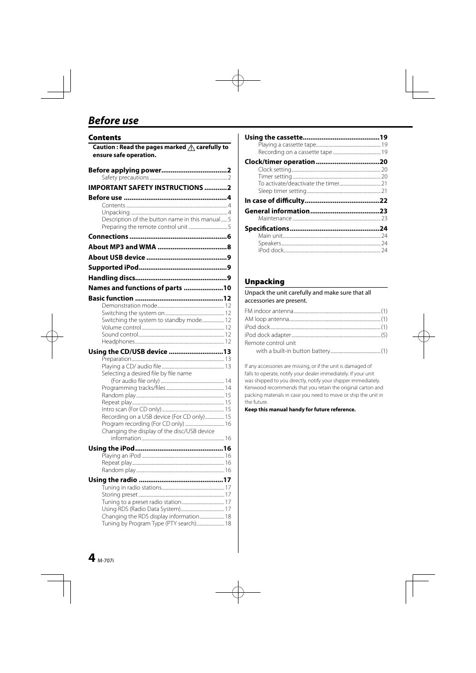 Before use | Kenwood M-707I User Manual | Page 4 / 24
