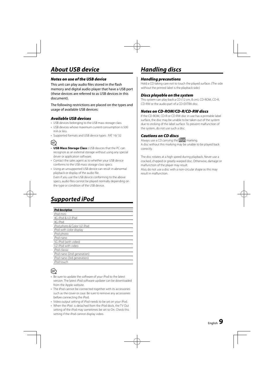 About usb device, Supported ipod, Handling discs | Kenwood M-707I User Manual | Page 9 / 24