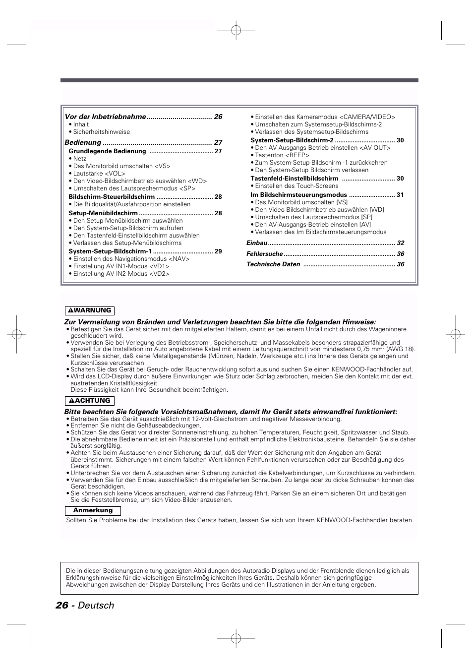 Vor der inbetriebnahme, Sicherheitshinweise, Inhalt | 26 - deutsch | Kenwood LZ-7500 User Manual | Page 26 / 36