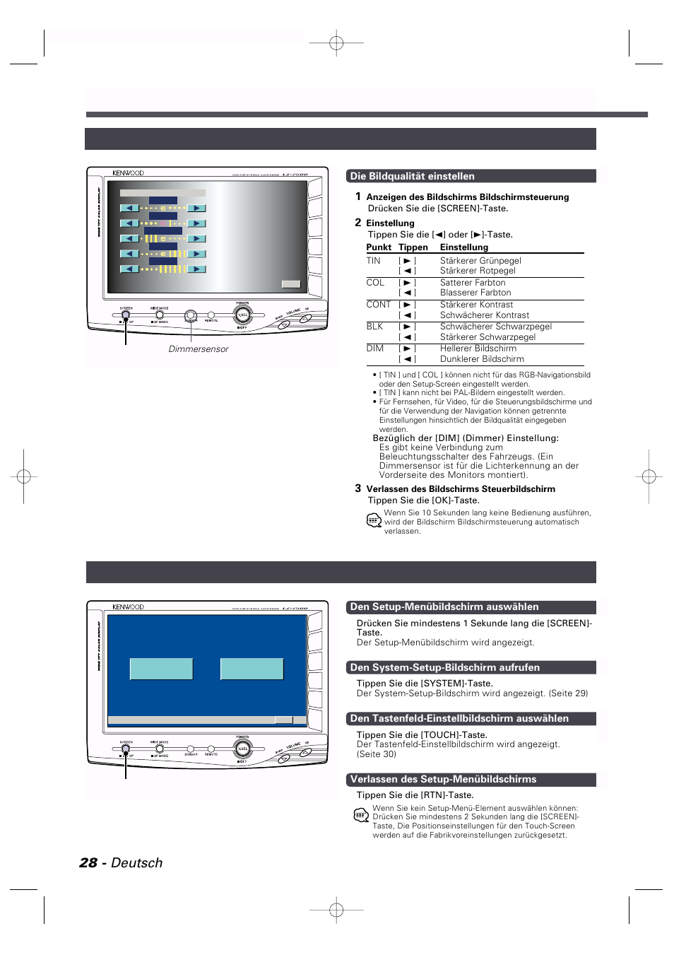 Bedienung, 28 - deutsch, Bildschirm-steuerbildschirm setup-menübildschirm | Kenwood LZ-7500 User Manual | Page 28 / 36