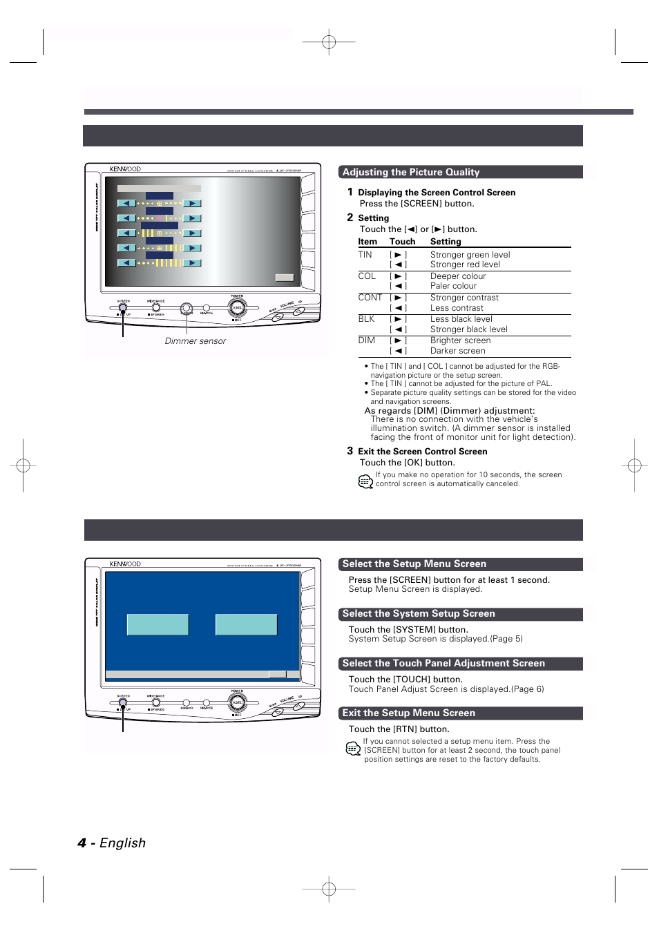 Operation, 4 - english, Screen control screen setup menu screen | Kenwood LZ-7500 User Manual | Page 4 / 36