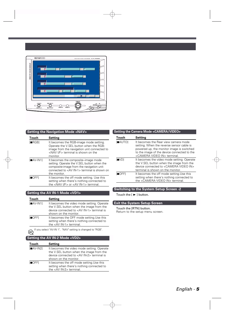 English - 5, System setup screen-1 | Kenwood LZ-7500 User Manual | Page 5 / 36