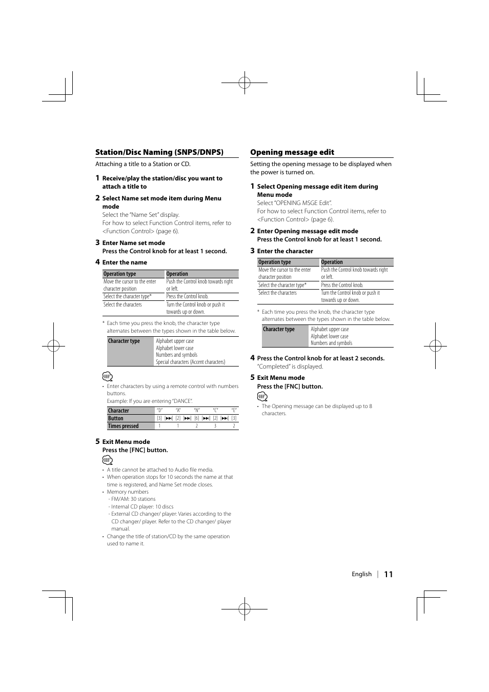 Station/disc naming (snps/dnps), Opening message edit | Kenwood DPX-MP6110U User Manual | Page 11 / 32