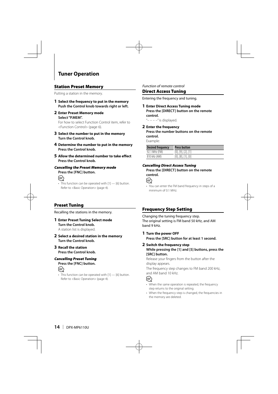 Tuner operation | Kenwood DPX-MP6110U User Manual | Page 14 / 32