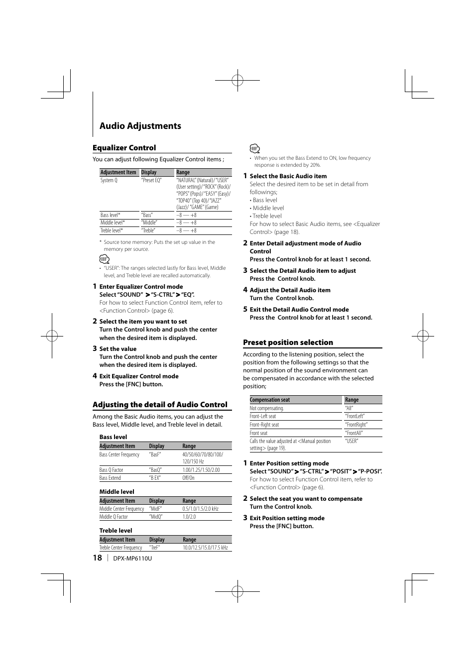 Audio adjustments | Kenwood DPX-MP6110U User Manual | Page 18 / 32