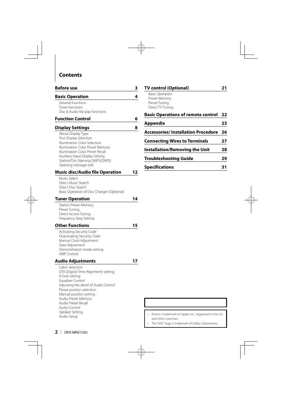 Kenwood DPX-MP6110U User Manual | Page 2 / 32