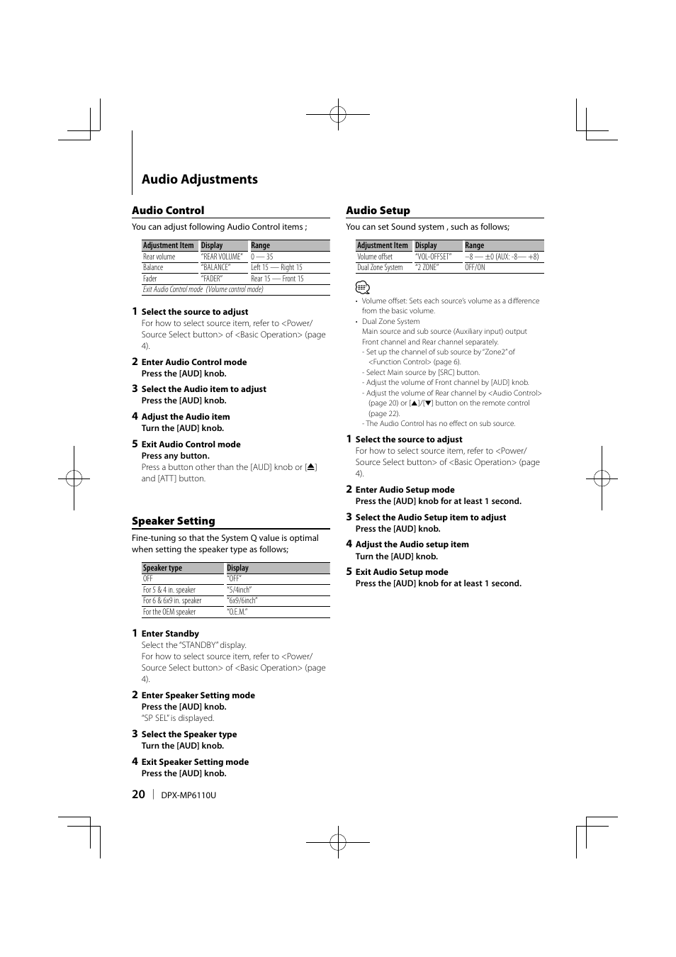 Audio adjustments | Kenwood DPX-MP6110U User Manual | Page 20 / 32