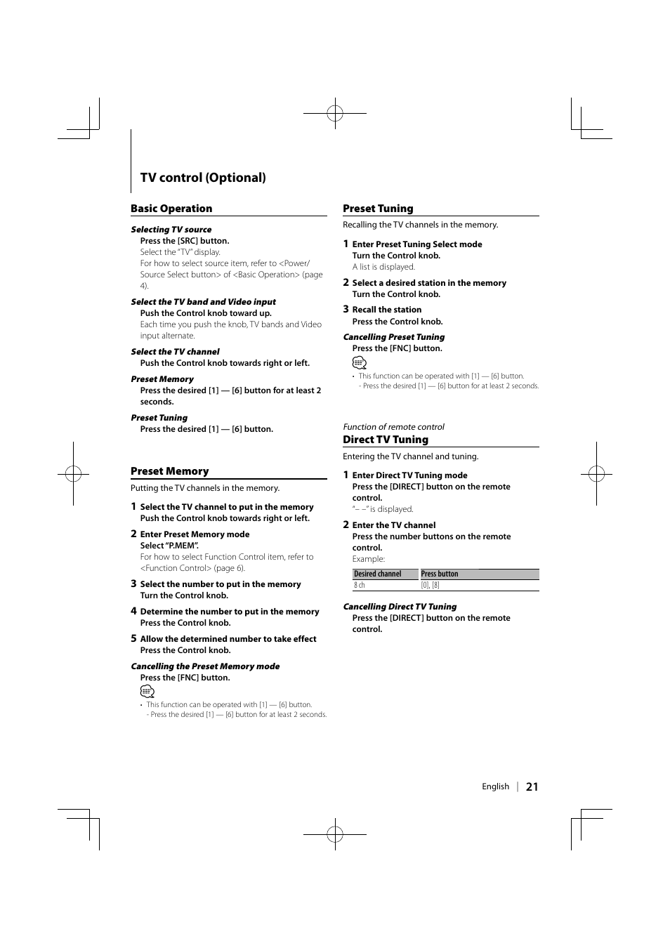 Tv control (optional) | Kenwood DPX-MP6110U User Manual | Page 21 / 32