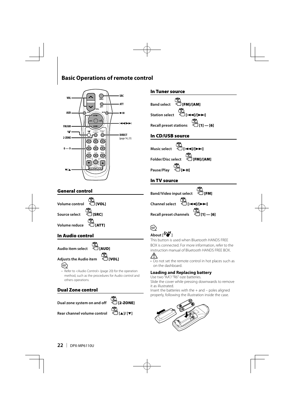 Basic operations of remote control, General control, Dual zone control | Kenwood DPX-MP6110U User Manual | Page 22 / 32