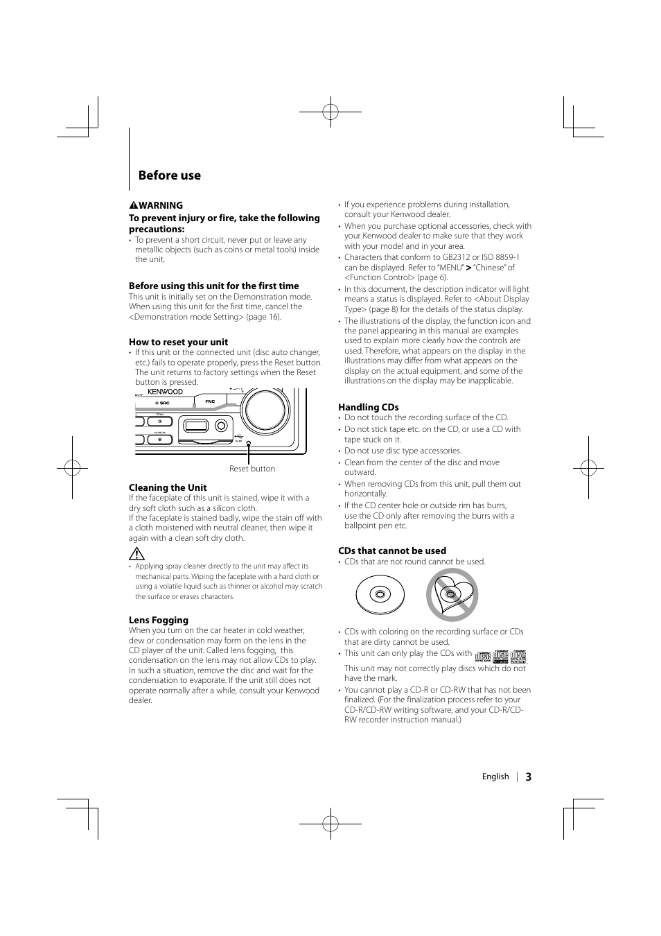 Before use | Kenwood DPX-MP6110U User Manual | Page 3 / 32