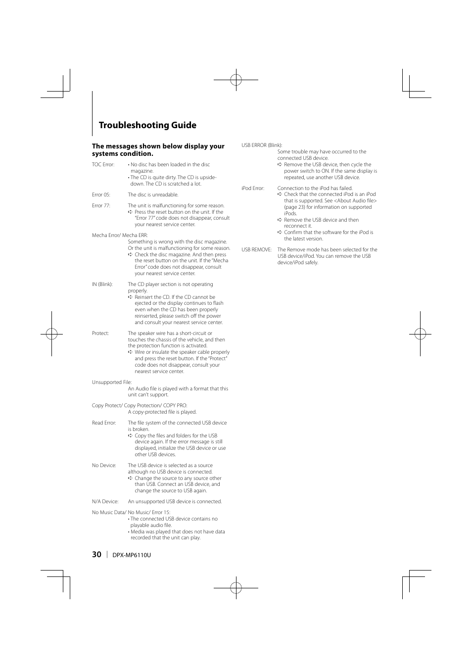 Troubleshooting guide | Kenwood DPX-MP6110U User Manual | Page 30 / 32