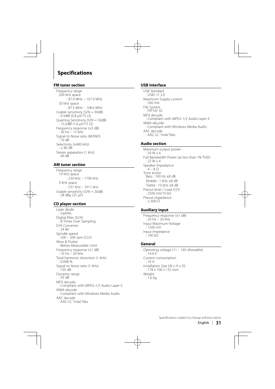 Specifications | Kenwood DPX-MP6110U User Manual | Page 31 / 32