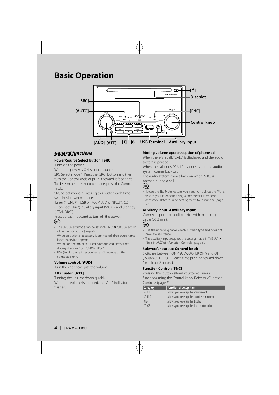 Basic operation | Kenwood DPX-MP6110U User Manual | Page 4 / 32