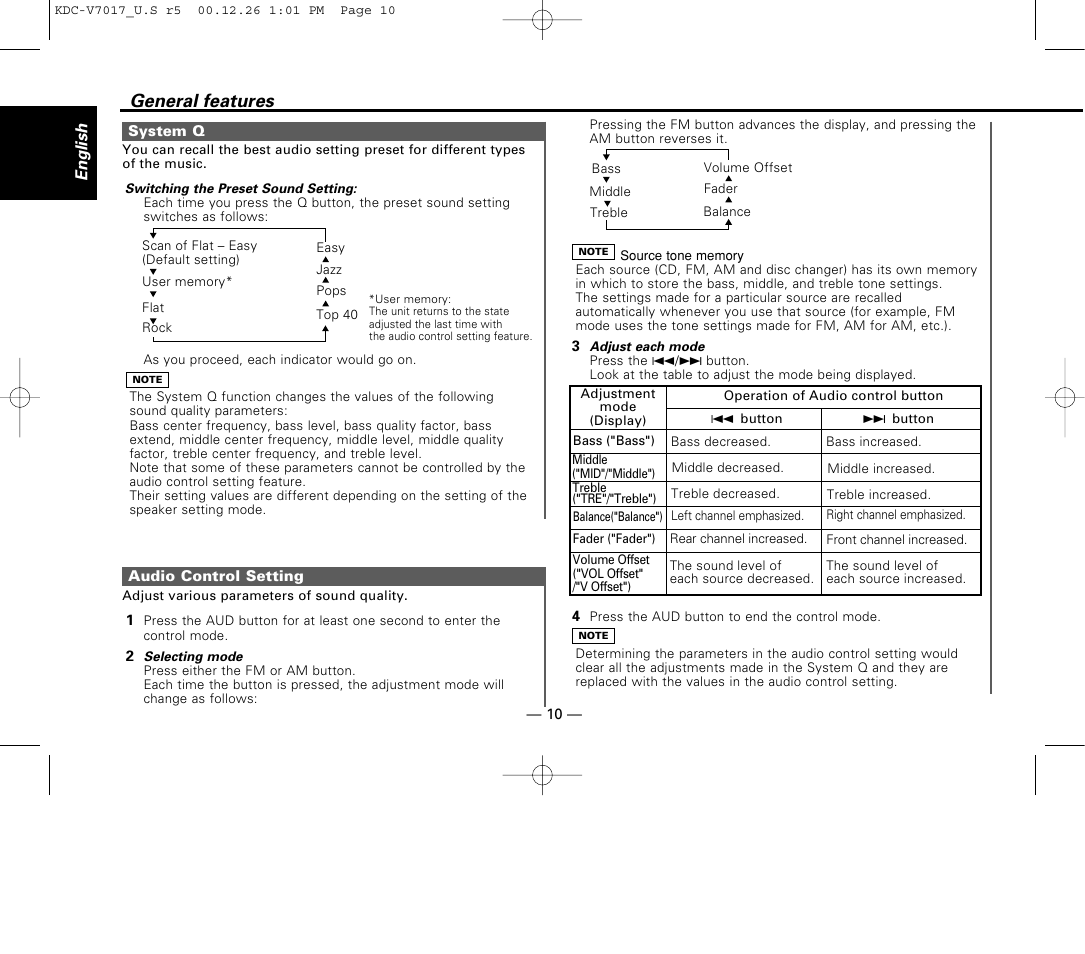 System q, Audio control setting, General features | Kenwood CD-RECEIVER User Manual | Page 10 / 40