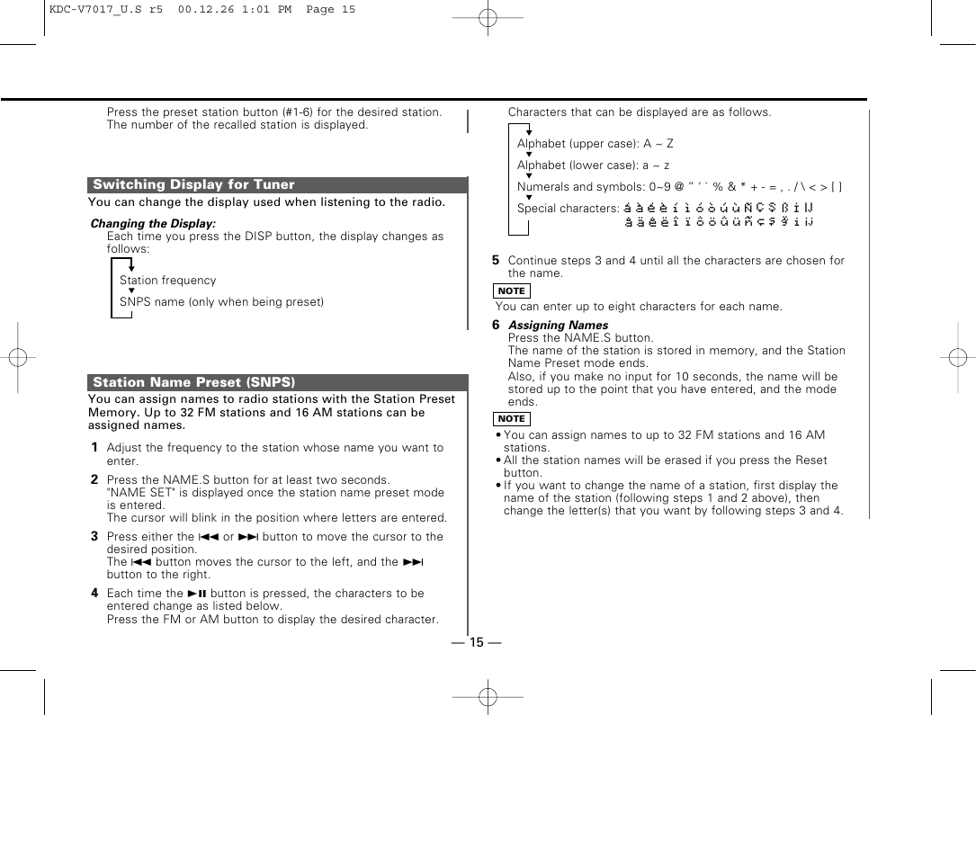 Switching display for tuner, Station name preset (snps) | Kenwood CD-RECEIVER User Manual | Page 15 / 40