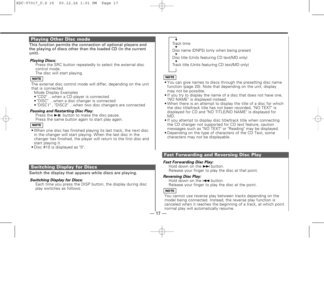 Playing other disc mode, Switching display for discs, Fast forwarding and reversing disc play | Kenwood CD-RECEIVER User Manual | Page 17 / 40
