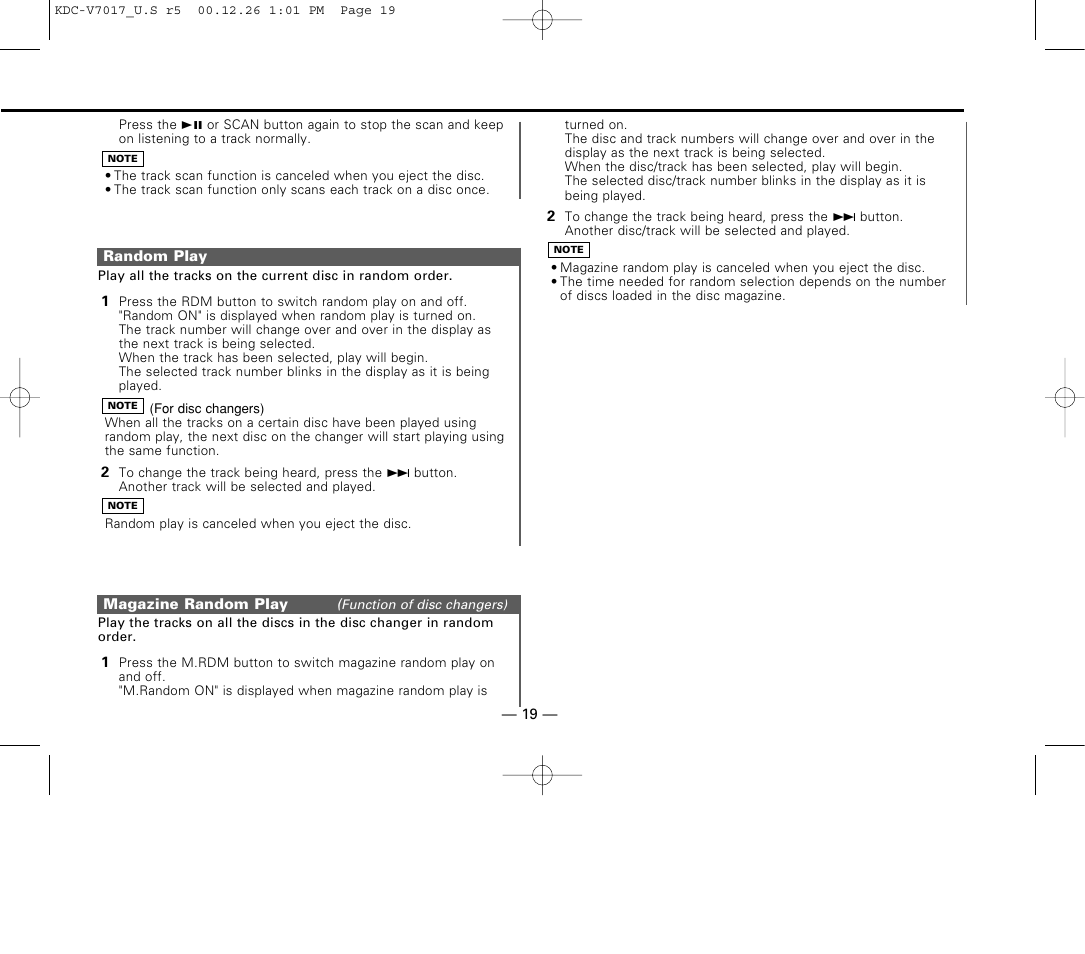 Random play, Magazine random play | Kenwood CD-RECEIVER User Manual | Page 19 / 40