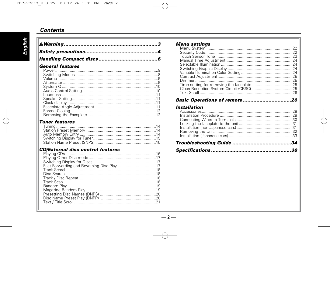 Kenwood CD-RECEIVER User Manual | Page 2 / 40