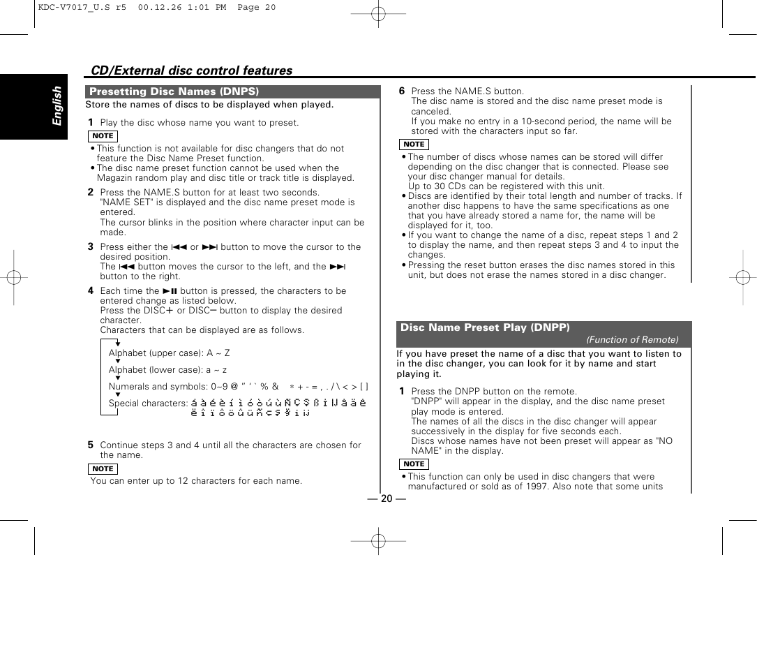 Presetting disc names (dnps), Disc name preset play (dnpp), Cd/external disc control features | Kenwood CD-RECEIVER User Manual | Page 20 / 40