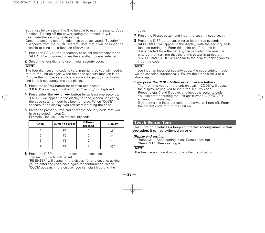 Touch sensor tone | Kenwood CD-RECEIVER User Manual | Page 23 / 40