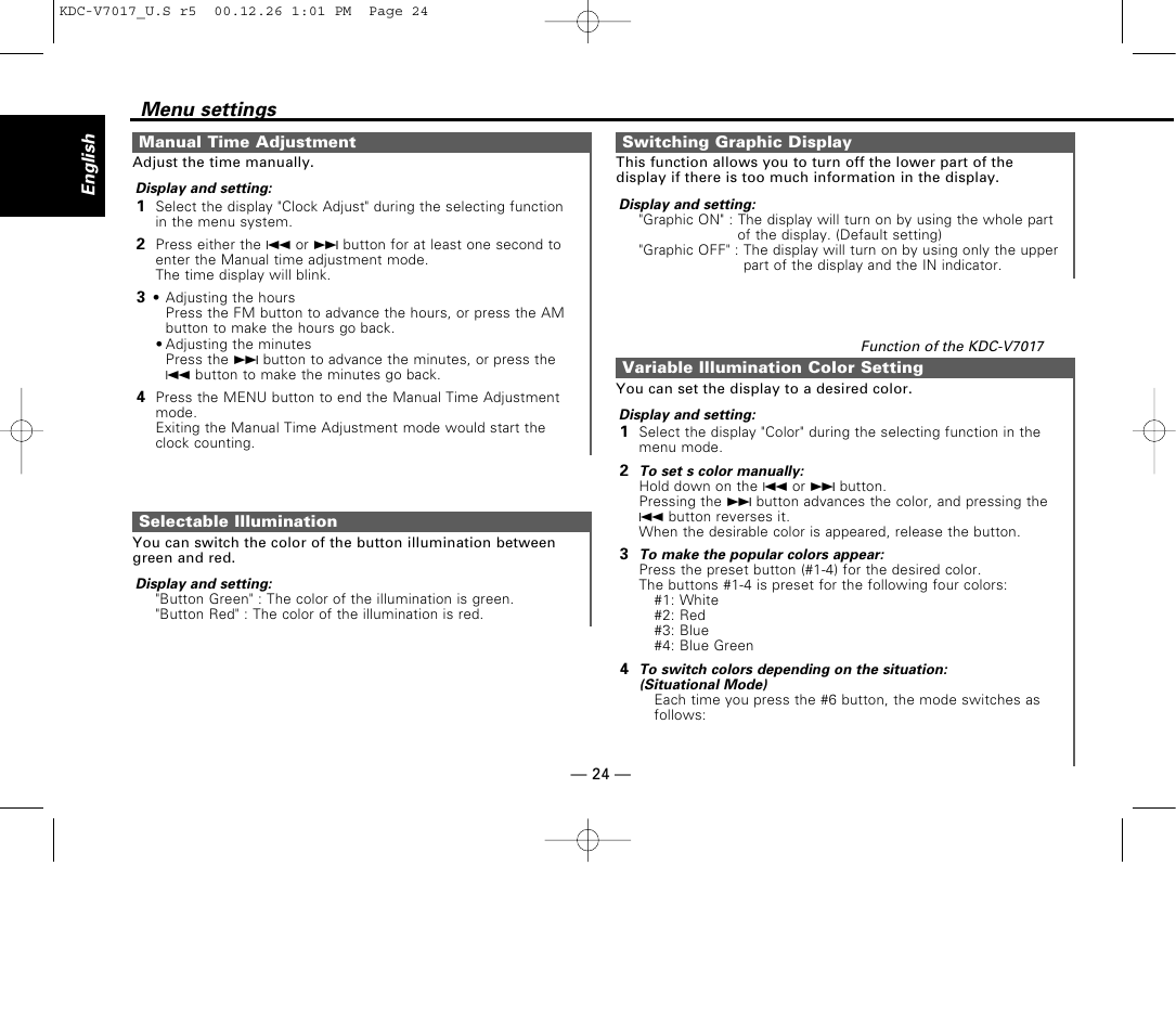 Manual time adjustment, Selectable illumination, Switching graphic display | Variable illumination color setting, Menu settings | Kenwood CD-RECEIVER User Manual | Page 24 / 40