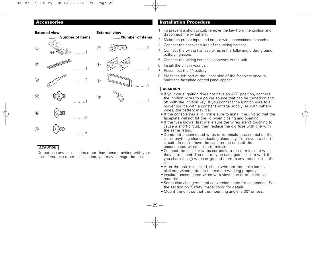 Installation, Accessories, Installation procedure | Kenwood CD-RECEIVER User Manual | Page 29 / 40