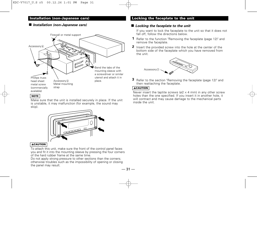 Installation (non-japanese cars), Locking the faceplate to the unit | Kenwood CD-RECEIVER User Manual | Page 31 / 40