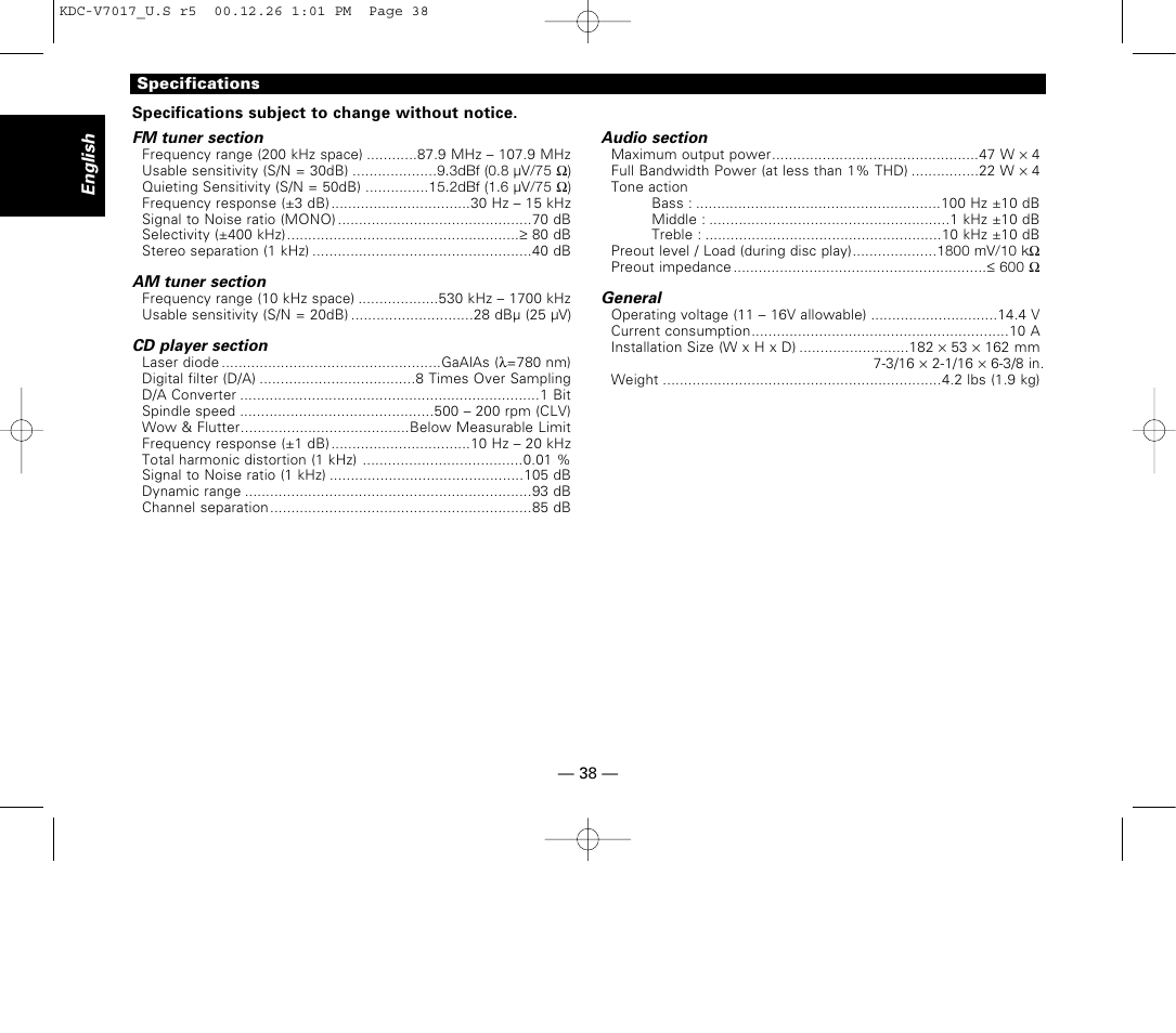 Specifications | Kenwood CD-RECEIVER User Manual | Page 38 / 40