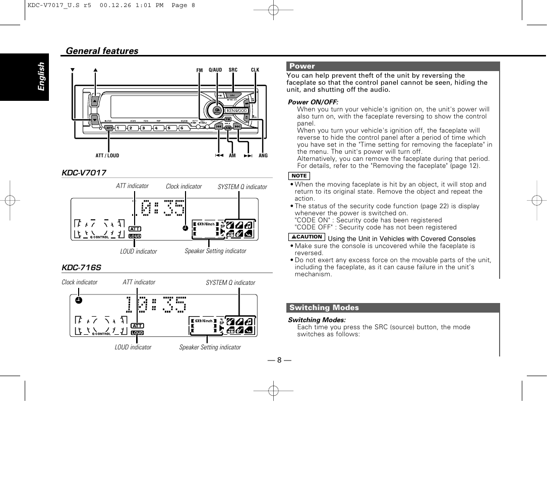 General features, Power, Switching modes | English | Kenwood CD-RECEIVER User Manual | Page 8 / 40