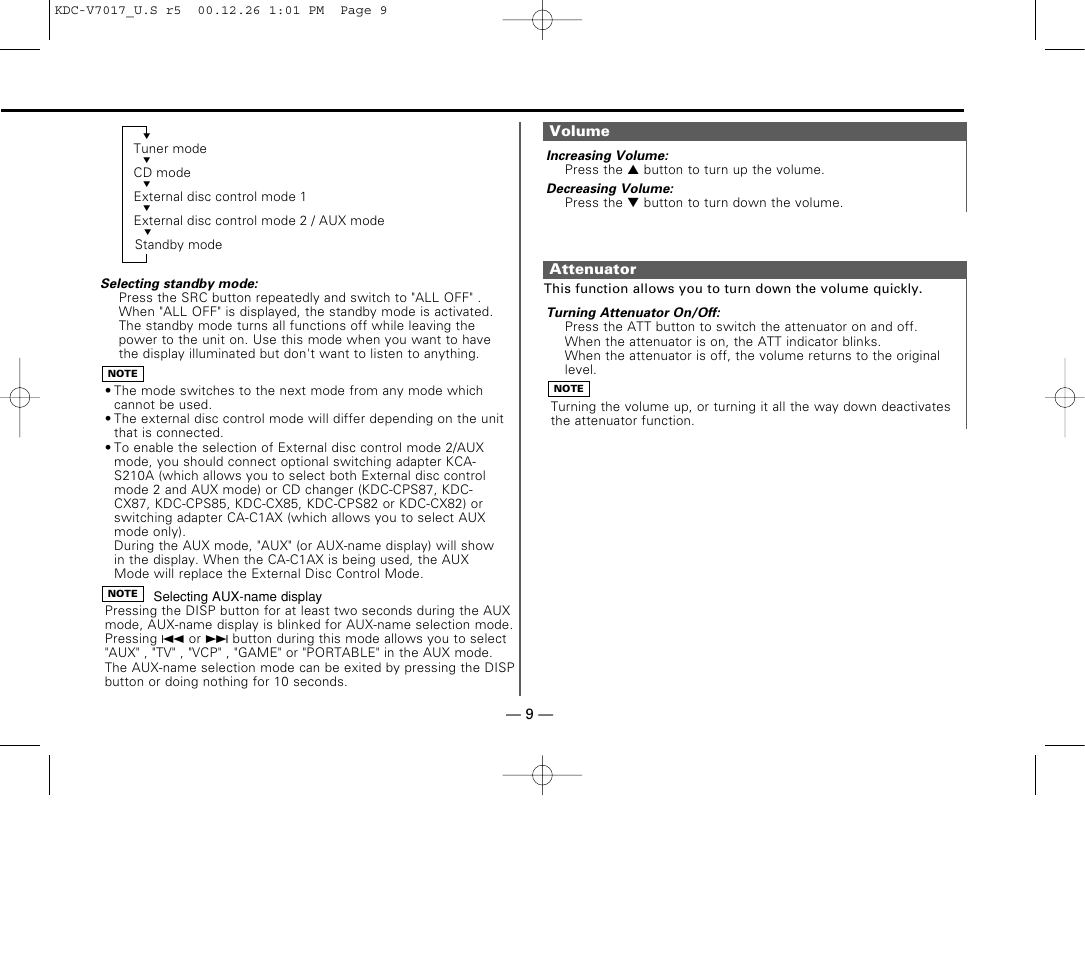 Volume, Attenuator | Kenwood CD-RECEIVER User Manual | Page 9 / 40