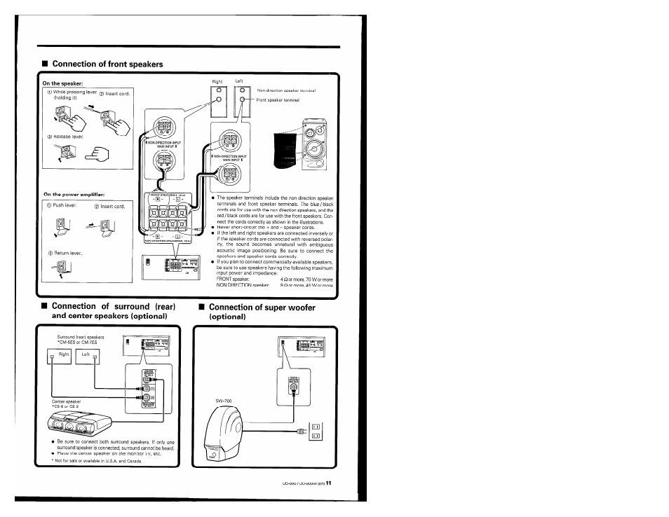 Connection of front speakers, Connection of super woofer (optional) | Kenwood UD-900M User Manual | Page 11 / 84