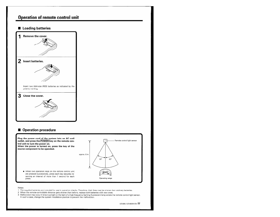 Operation of remote control unit, Loading batteries, Operation procedure | Kenwood UD-900M User Manual | Page 17 / 84